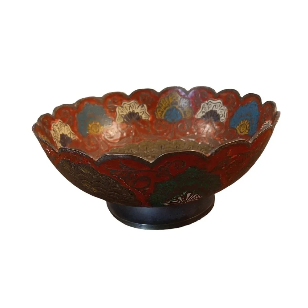 Solid Enameled Brass Peacock Bird Vintage Pedestal Decorative Bowl 6.5